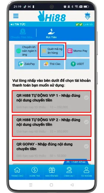 Bước 2: Chọn Quét mã ngân hàng → chọn cổng đang hiển thị.
